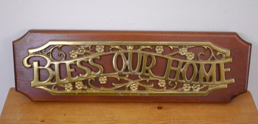 Vintage Bless Our Home Shiny Brass Toned Wooden Wall Hanging Sign Plaque 17"